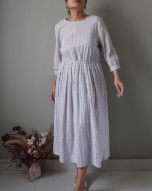 Powder blue dainty eyelet dress with quarter sleeves, waist is stretchable