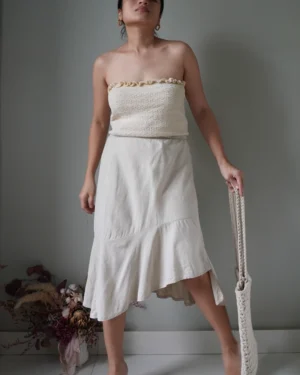 Beige asymmetrical linen skirt with zipper, stretchable waist