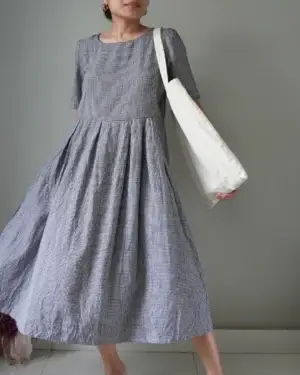 Gingham pattern linen picnic dress with pleats