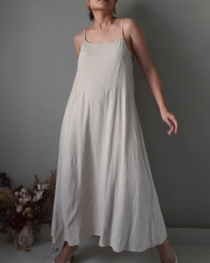 Wheat easy linen dress with scoop back detail, and drawstring as well to adjust