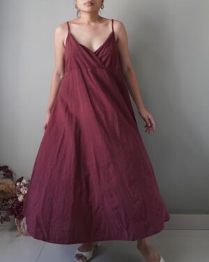 Romantic burgundy linen maxi dress with adjustable straps and back zipper