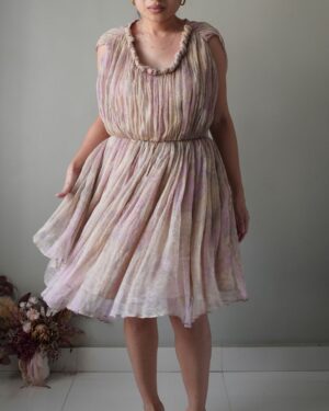 Ethereal piece with marble multi color subtle patterns in whimsical colors, all over gathered fabric detail and the most elegant rope neckline