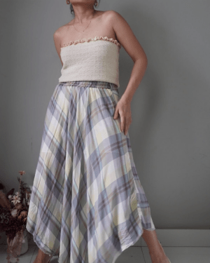 Cottage core plaid asymmetrical cut maxi skirt