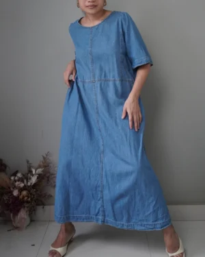Denim oversized shift dress with pockets and double hemline detail