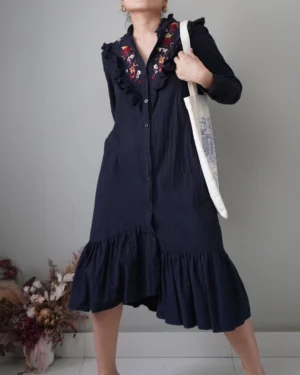 Deep blue button down cotton linen dress with embroidery and long sleeves