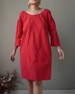 Solid red scoop back casual cotton blend dress