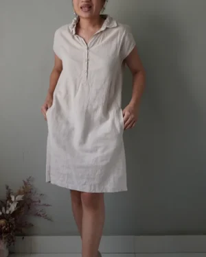 Simple sleeveless boxy linen day dress in tortilla