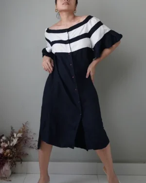 Color-block button down linen dress