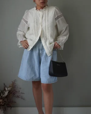 Victorian white lace button down top with high neckline and peasant sleeves