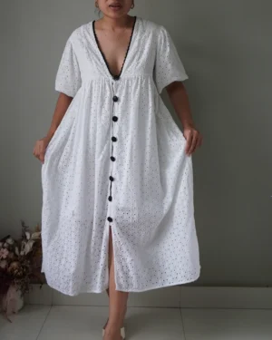 White lace dress with contrast buttons, sourced new with a tag but we removed it for laundering, has a flaw—swipe for photo. Will be reworked (buyers option)
