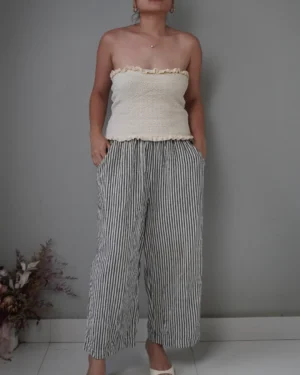 Striped linen drawstring pants with pockets