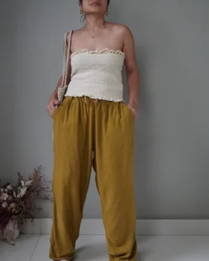 Hippie olive green gingham cotton drawstring pants with side and back pockets