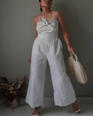 Macaron blue striped pattern linen romper with pockets