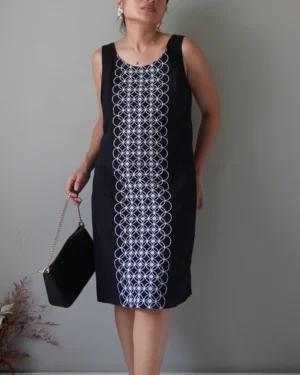 Black embroidered linen sleeveless dress with zipper at the back