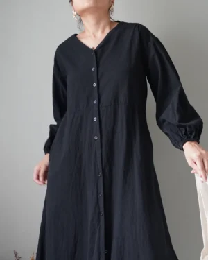 Easy and cozy black button down linen dress with long sleeves