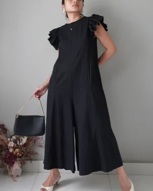 Black linen jumpsuit with the prettiest ruffle canopy sleeves and wide leg cut