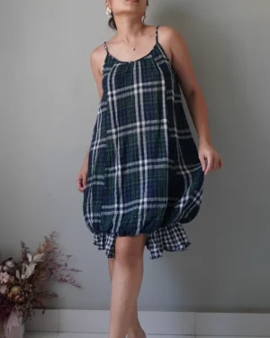 Plaid pattern cotton balloon dress, super nice fit