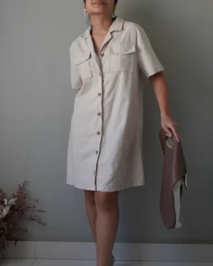Casual and effortless oat button down linen dress with pockets