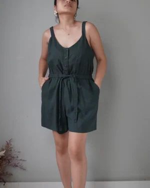 Pine green cotton linen romper with pockets