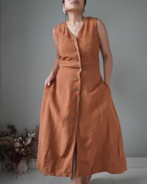 Rust/burnt orange button down linen dress