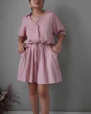 Relaxed pink cotton linen drawstring romper with pockets