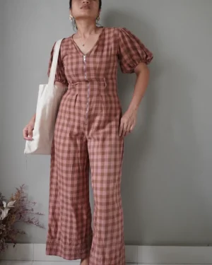 Mocha and pink cotton linen overalls with puffed sleeves