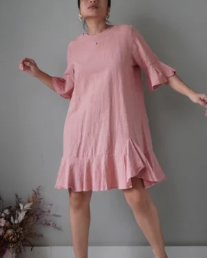 Flamingo pink high quality linen dress with mermaid sleeves and finish