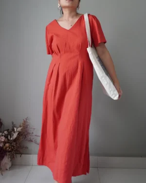 Timeless romantic red country linen dress with self tie ribbon at the back