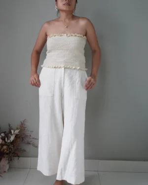 White linen straight leg pants with pockets
