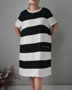 Contrast color block cotton linen blend dress with pockets